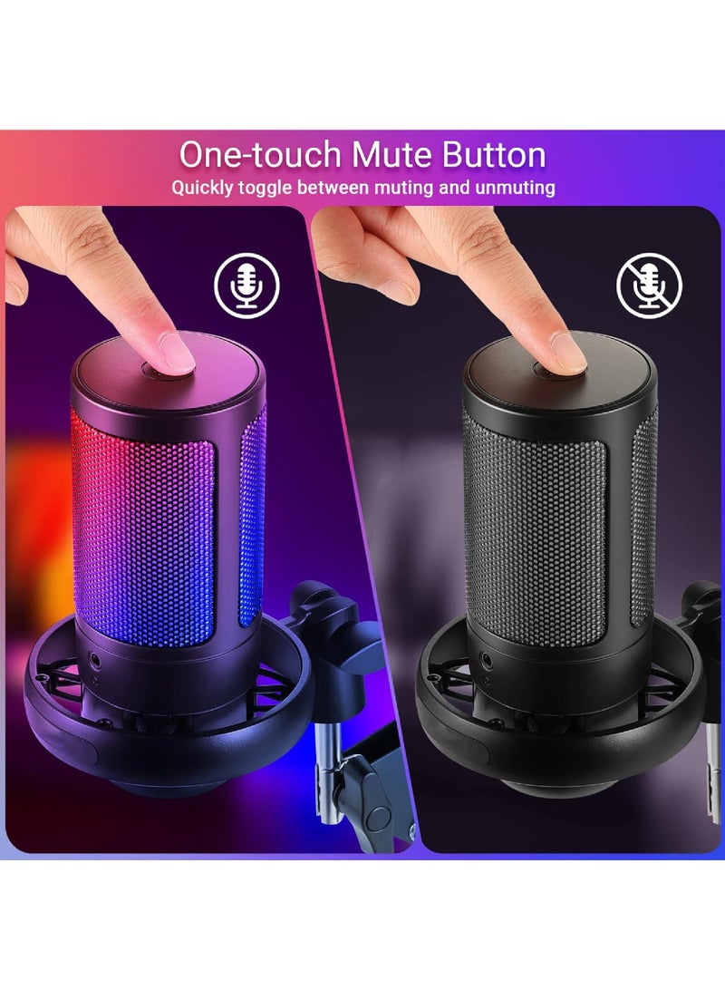 USB PC Gaming Microphone with RGB Light. Condenser Microphone with Mute Button, Volume Control, 3.5mm Headphone Jack. Compatible with Windows, Mac OS, Smartphones