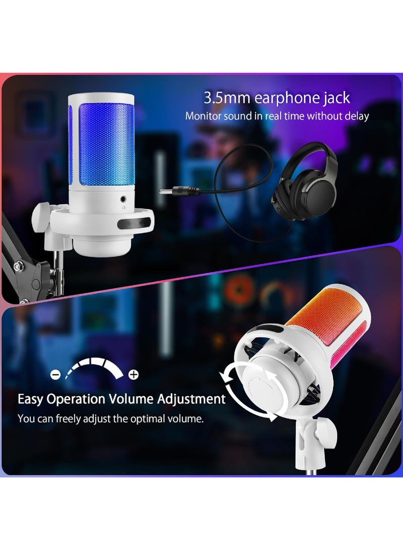 USB PC Gaming Microphone with RGB Light. Condenser Microphone with Mute Button, Volume Control, 3.5mm Headphone Jack. Compatible with Windows, Mac OS, Smartphones