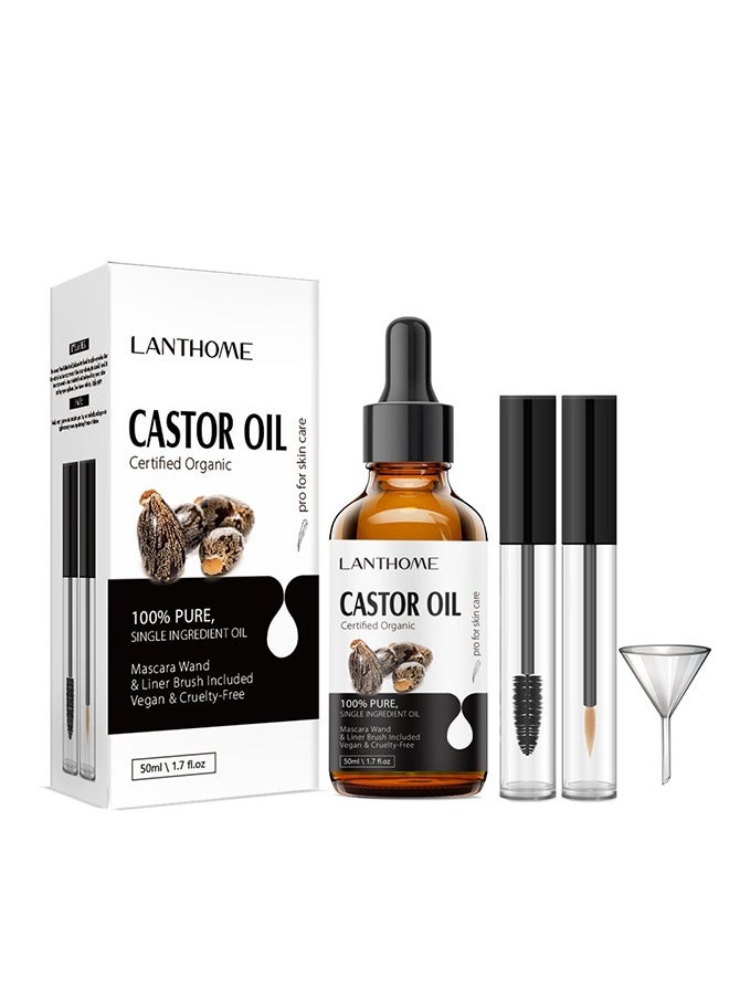 Castor Oil Certified Organic - For Eyelashes and Eyebrows, Organic Jamaican Black Castor Oil Cold Pressed Hair Growth Oil,Skin Moisturizer Body Oil ith Eyelash Kit 50ml