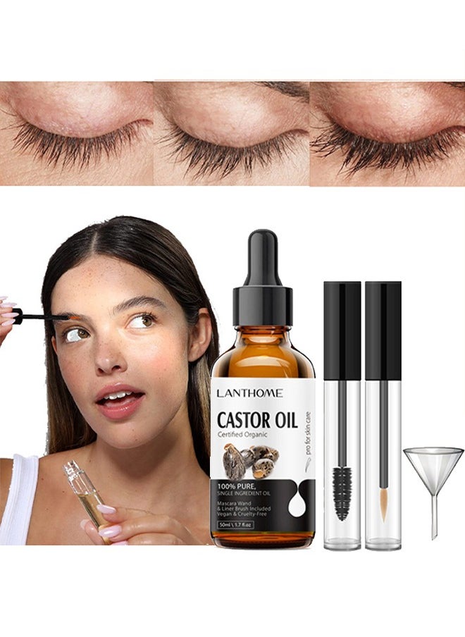 Castor Oil Certified Organic - For Eyelashes and Eyebrows, Organic Jamaican Black Castor Oil Cold Pressed Hair Growth Oil,Skin Moisturizer Body Oil ith Eyelash Kit 50ml