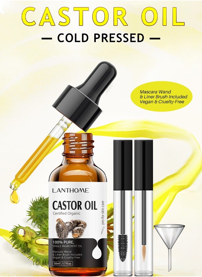 Castor Oil Certified Organic - For Eyelashes and Eyebrows, Organic Jamaican Black Castor Oil Cold Pressed Hair Growth Oil,Skin Moisturizer Body Oil ith Eyelash Kit 50ml