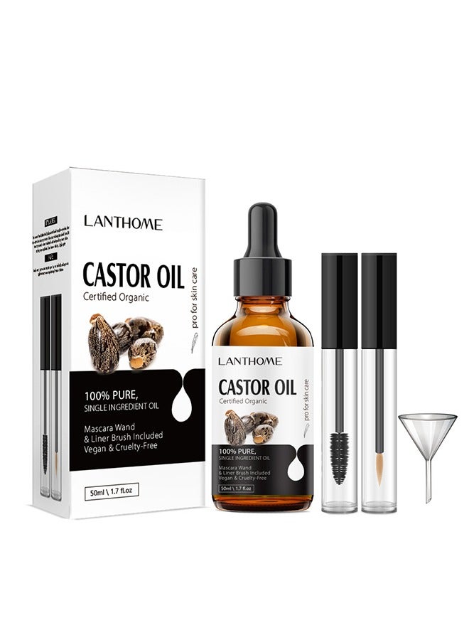 Castor Oil Certified Organic - For Eyelashes and Eyebrows, Organic Jamaican Black Castor Oil Cold Pressed Hair Growth Oil,Skin Moisturizer Body Oil ith Eyelash Kit 50ml