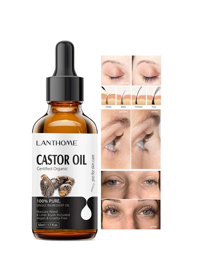 Castor Oil Certified Organic - For Eyelashes and Eyebrows, Organic Jamaican Black Castor Oil Cold Pressed Hair Growth Oil,Skin Moisturizer Body Oil ith Eyelash Kit 50ml