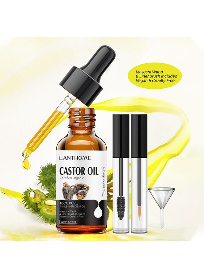 Castor Oil Certified Organic - For Eyelashes and Eyebrows, Organic Jamaican Black Castor Oil Cold Pressed Hair Growth Oil,Skin Moisturizer Body Oil ith Eyelash Kit 50ml