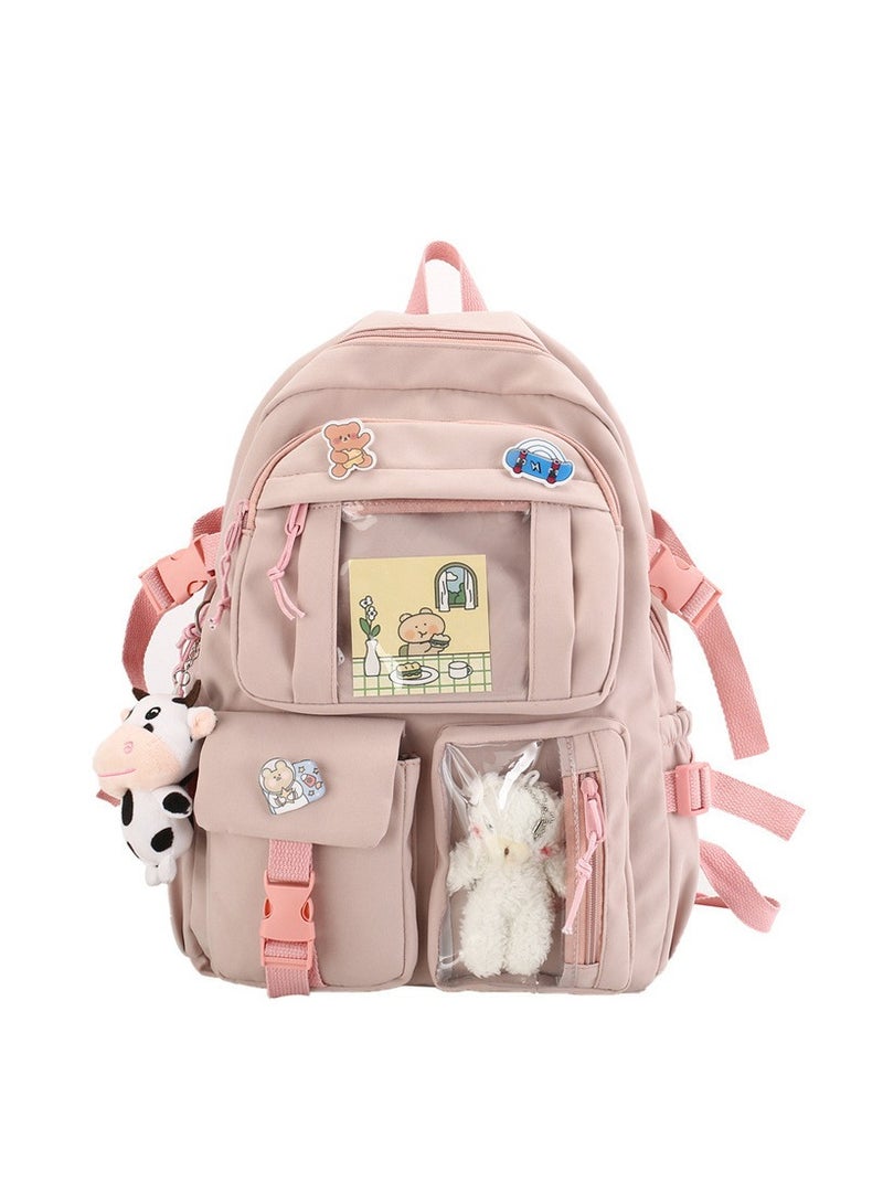 Kawaii Backpack with Pins Kawaii School Backpack Cute Aesthetic Backpack Cute Kawaii Backpack for School (Pink, With Accessories)