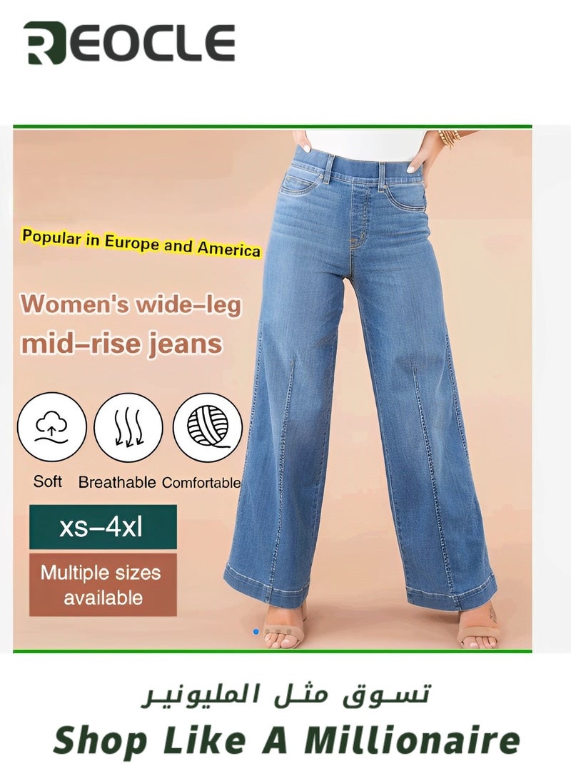 Women's Leg Jeans Mid-Rise Stretchy Baggy Jeans Loose Stretchy Lightweight Jeans High Waist Wide Leg Straight Denim Pants with Pockets