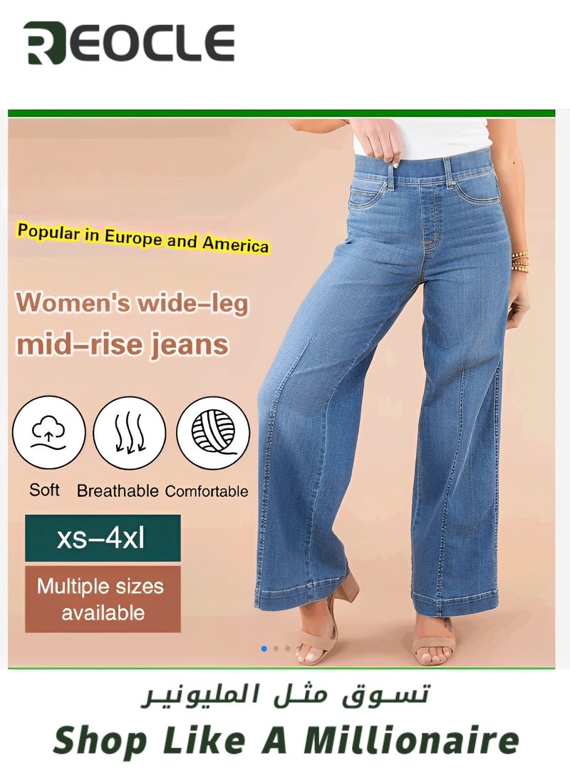 Women's Leg Jeans Mid-Rise Stretchy Baggy Jeans Loose Stretchy Lightweight Jeans High Waist Wide Leg Straight Denim Pants with Pockets