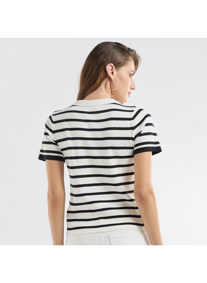 Striped Top with Collared Neck and Short Sleeves