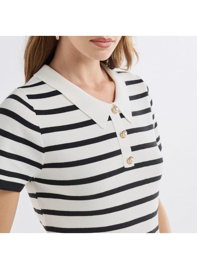 Striped Top with Collared Neck and Short Sleeves