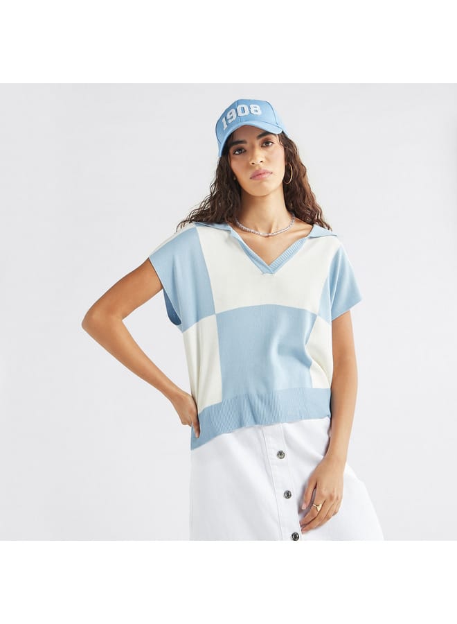 Colourblock T-shirt with Collar and Extended Sleeves