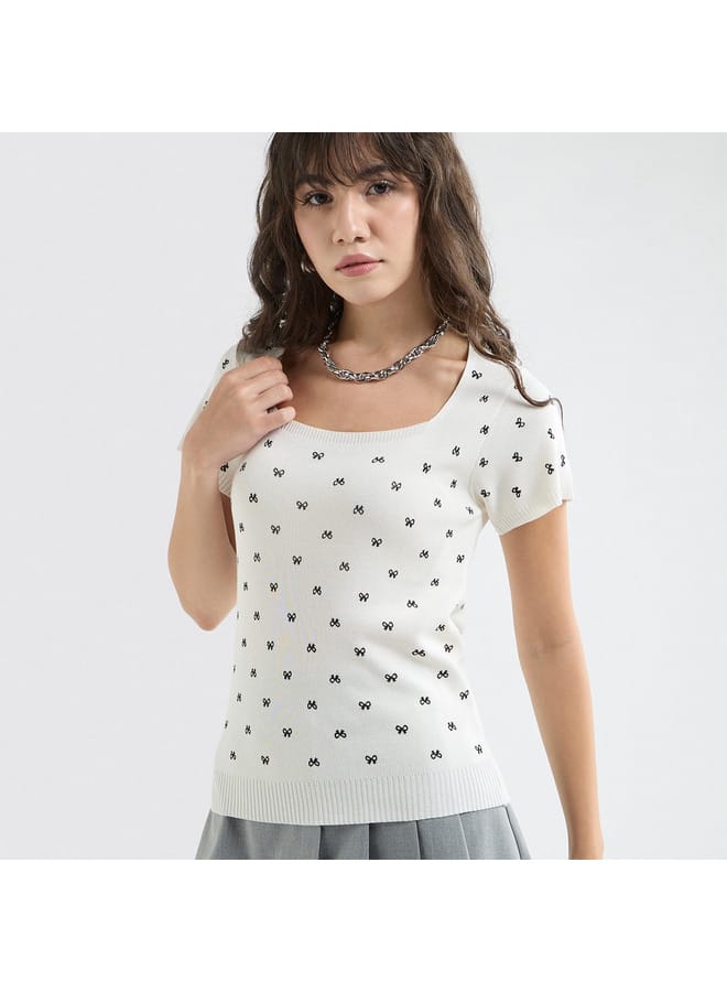 Textured Square Neck T-shirt with Short Sleeves