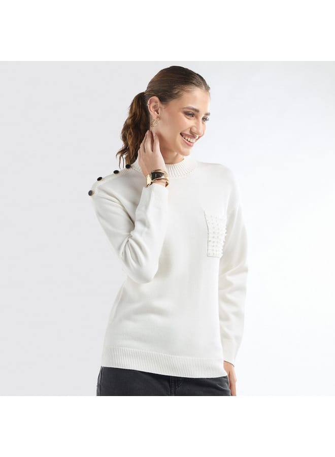 Textured Crew Neck Sweater with Front Pocket