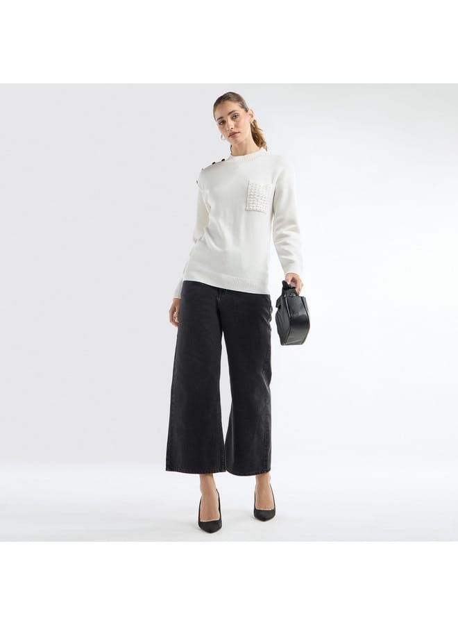 Textured Crew Neck Sweater with Front Pocket