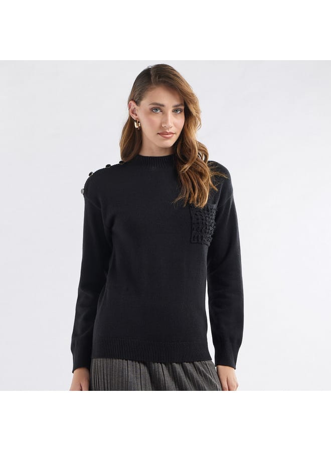 Textured Crew Neck Sweater with Front Pocket