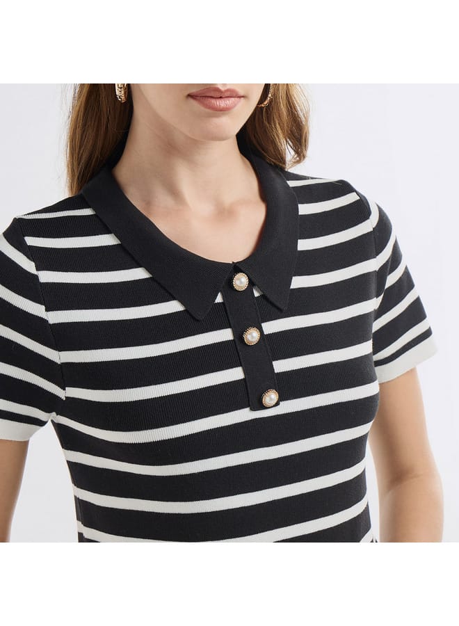 Striped Top with Collared Neck and Short Sleeves