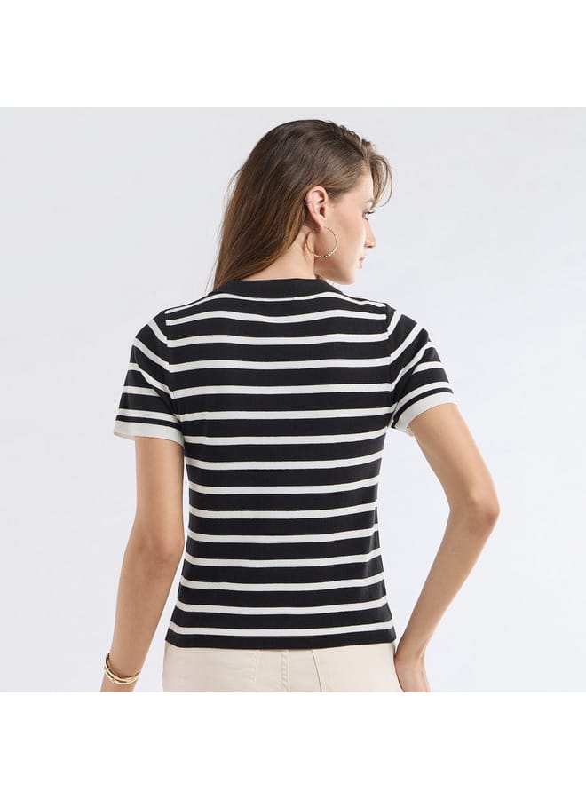 Striped Top with Collared Neck and Short Sleeves