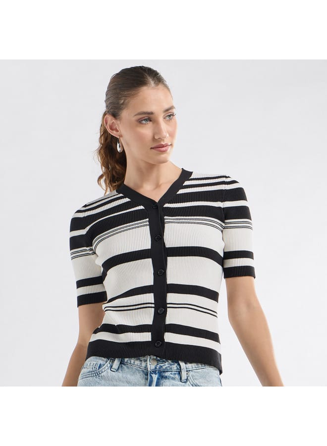 Striped Button Through Top with Short Sleeves