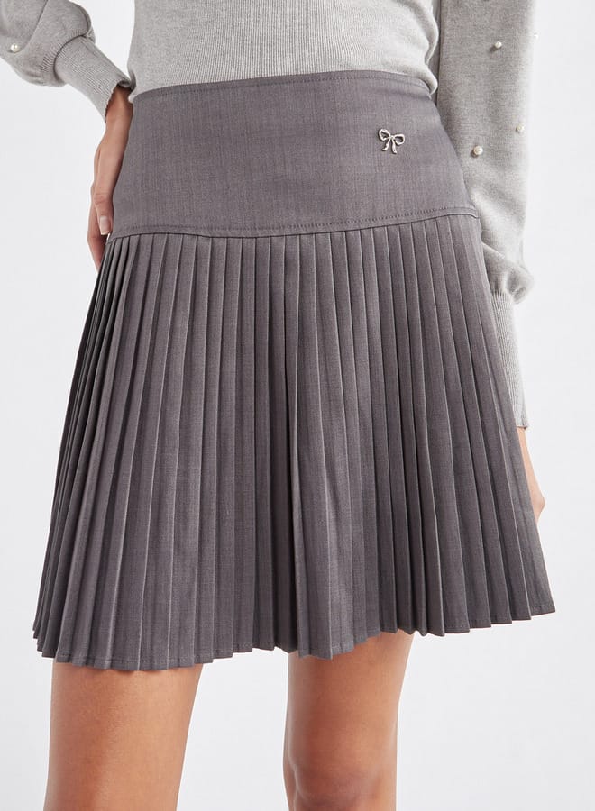 Solid Pleated A-line Mini Skirt with Elasticated Waistband