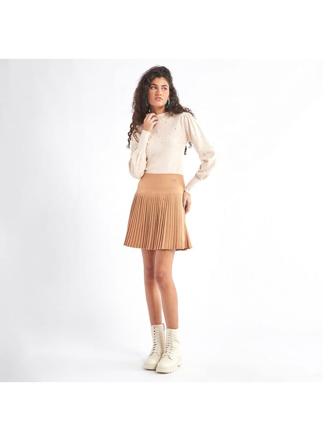 Solid Pleated A-line Mini Skirt with Elasticated Waistband