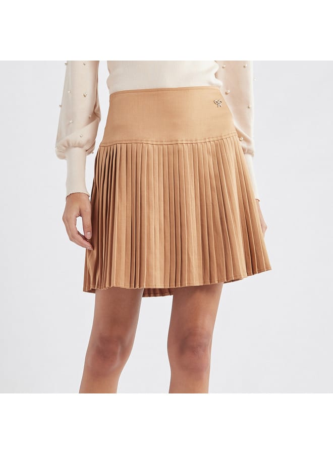 Solid Pleated A-line Mini Skirt with Elasticated Waistband