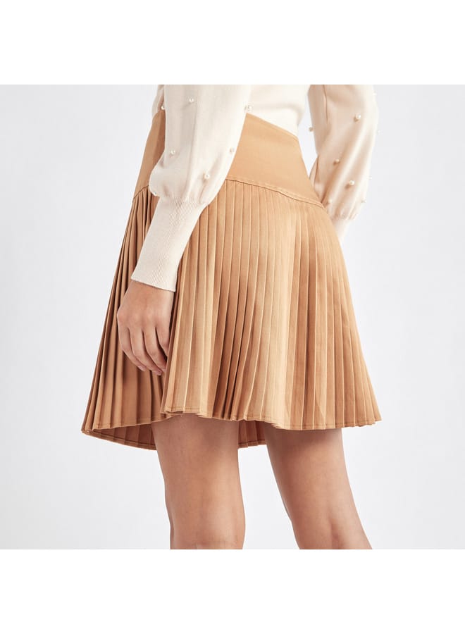 Solid Pleated A-line Mini Skirt with Elasticated Waistband