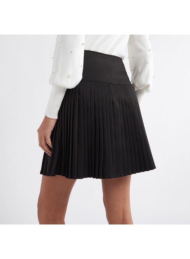 Solid Pleated A-line Mini Skirt with Elasticated Waistband