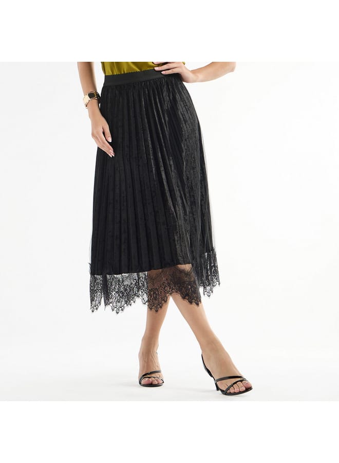 Lace Detail Pleated Asymmetric Midi Skirt