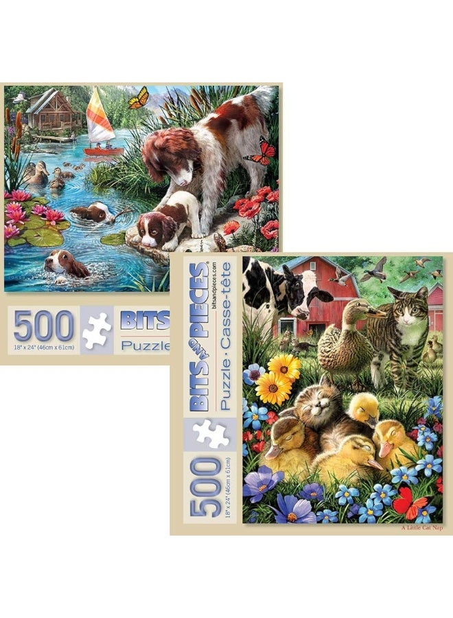 Bits and Pieces - Value Set of Two (2) 500 Piece Jigsaw Puzzles for Adults Cat Nap, Puppy Swimming - Each Puzzle Measures 18