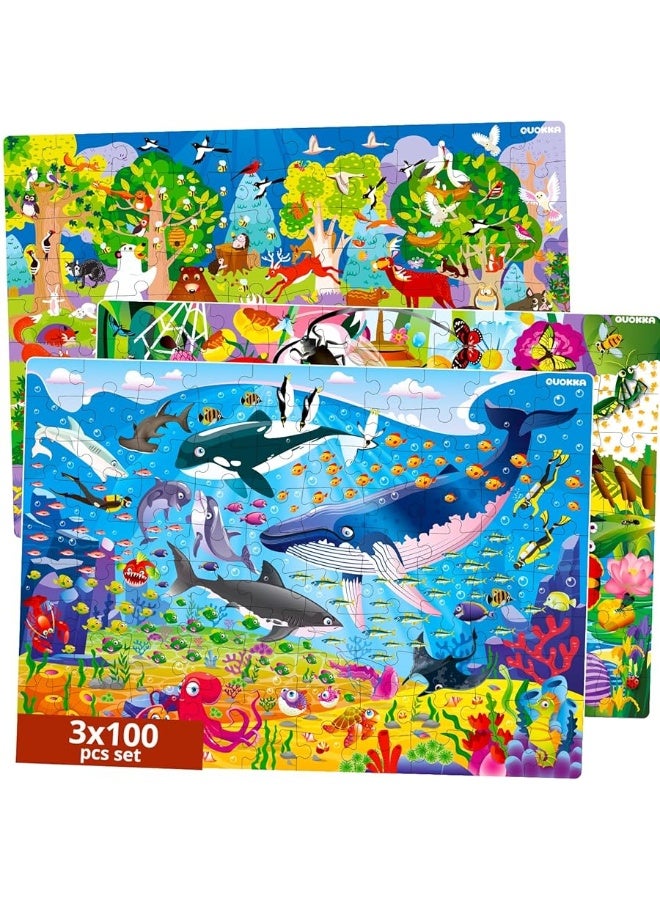 QUOKKA 100 Piece Jigsaw Puzzles for Kids Ages 4-8, 3 Sets - Ocean & Forest Animals - Toy for Learning and Eye-Hand Coordination - Unique Gift for Boy and Girl