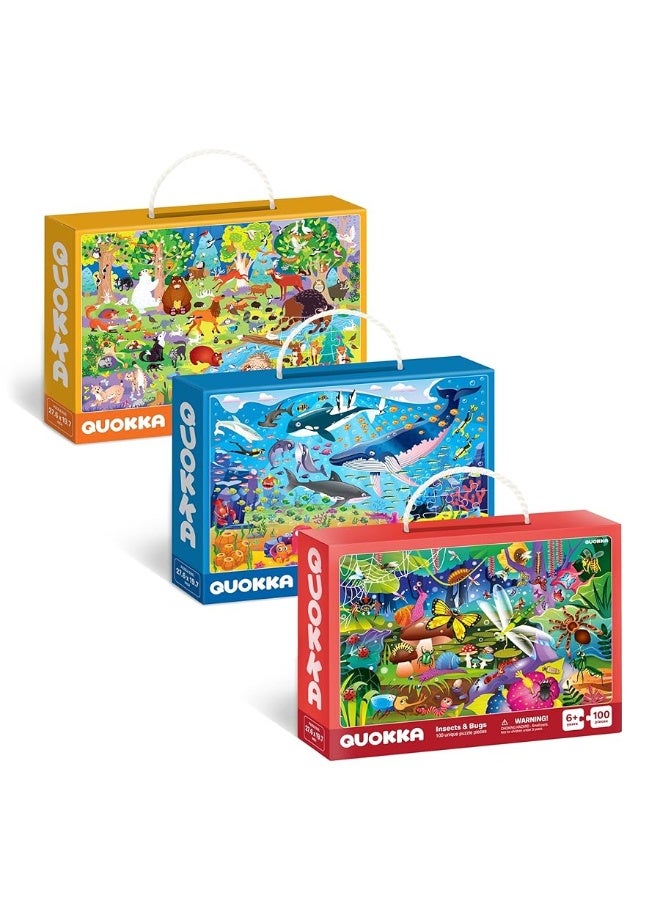 QUOKKA 100 Piece Jigsaw Puzzles for Kids Ages 4-8, 3 Sets - Ocean & Forest Animals - Toy for Learning and Eye-Hand Coordination - Unique Gift for Boy and Girl