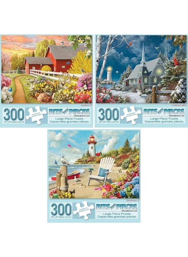 Bits and Pieces - Value Set of Three â€“ 300 Large Piece Puzzles for Adults - â€˜Awakenâ€™, â€˜Guiding Lightsâ€™, & â€˜Daydreamâ€™ by Artist Alan Giana - 18