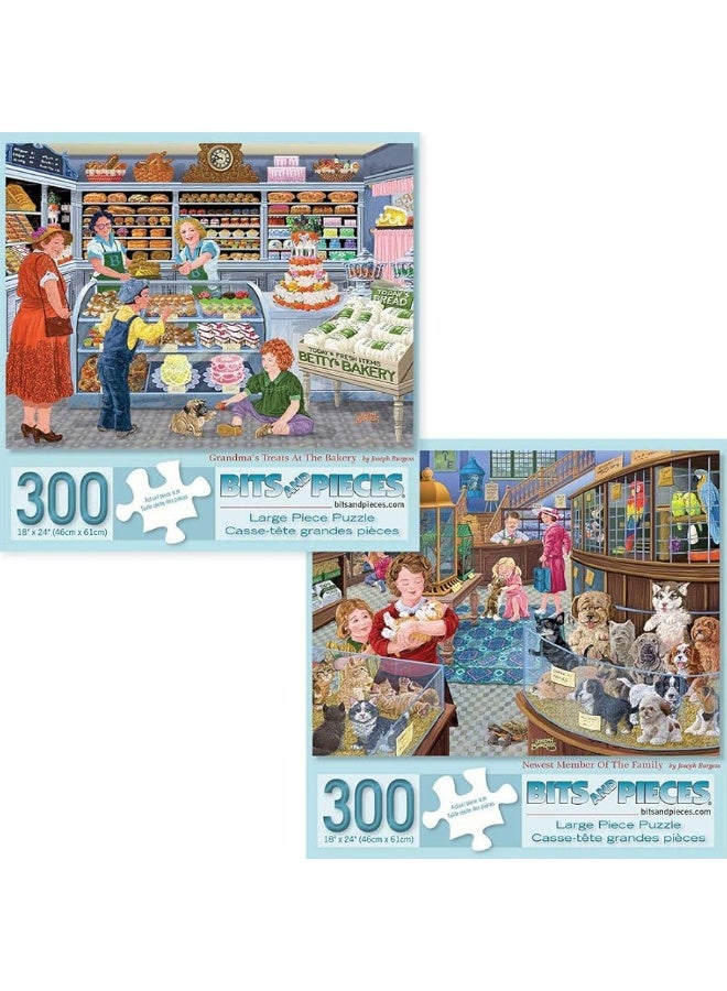 Bits and Pieces - Value Set of Two (2) 300 Piece Jigsaw Puzzles for Adults - Grandma's Treats at The Bakery, Newest Member of The Family Jigsaws by Artist Joseph Burgess