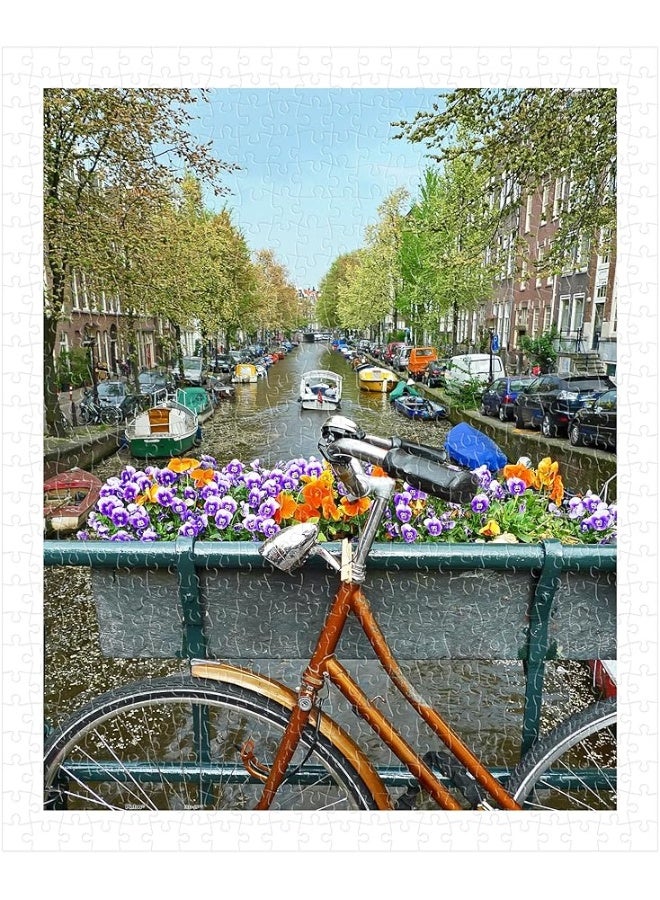 Pintoo Jigsaw Puzzles 500 Piece for Adults - Bike Flowers and Canal. Amsterdam, Netherlands Beautiful Plastic Puzzle for Home Decor Zero Dust Easy Storage [H1438]