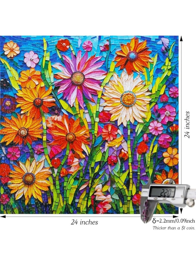 Bgraamiens Puzzle-Mosaic Art Flowers-1000 Pieces Ceramic Tile Mosaic Art Puzzle for Adults, Stained Glass Art Puzzle with Flowers, Impossible Puzzle Color Challenge Flowers Puzzle for Adults