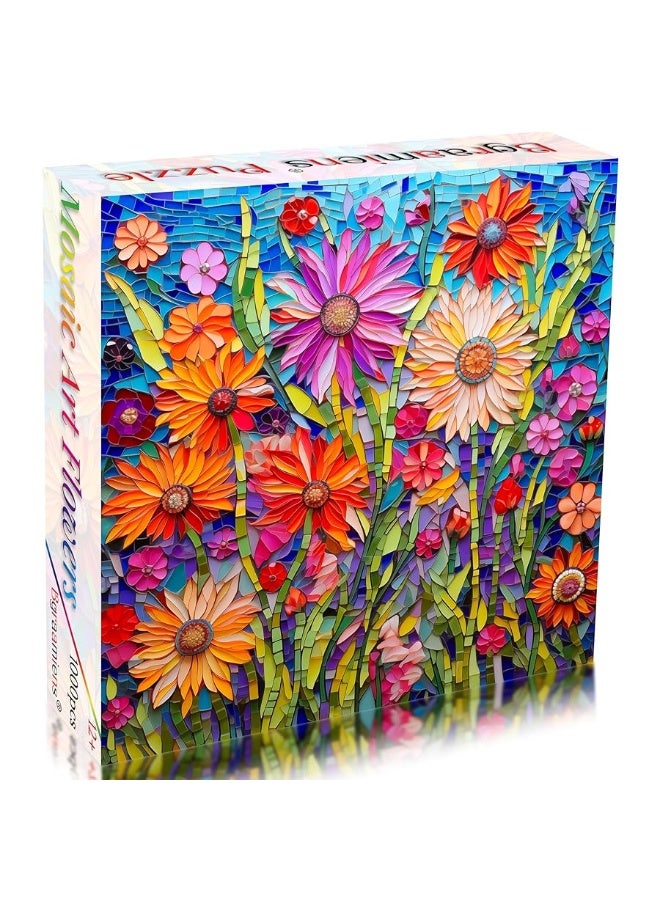 Bgraamiens Puzzle-Mosaic Art Flowers-1000 Pieces Ceramic Tile Mosaic Art Puzzle for Adults, Stained Glass Art Puzzle with Flowers, Impossible Puzzle Color Challenge Flowers Puzzle for Adults