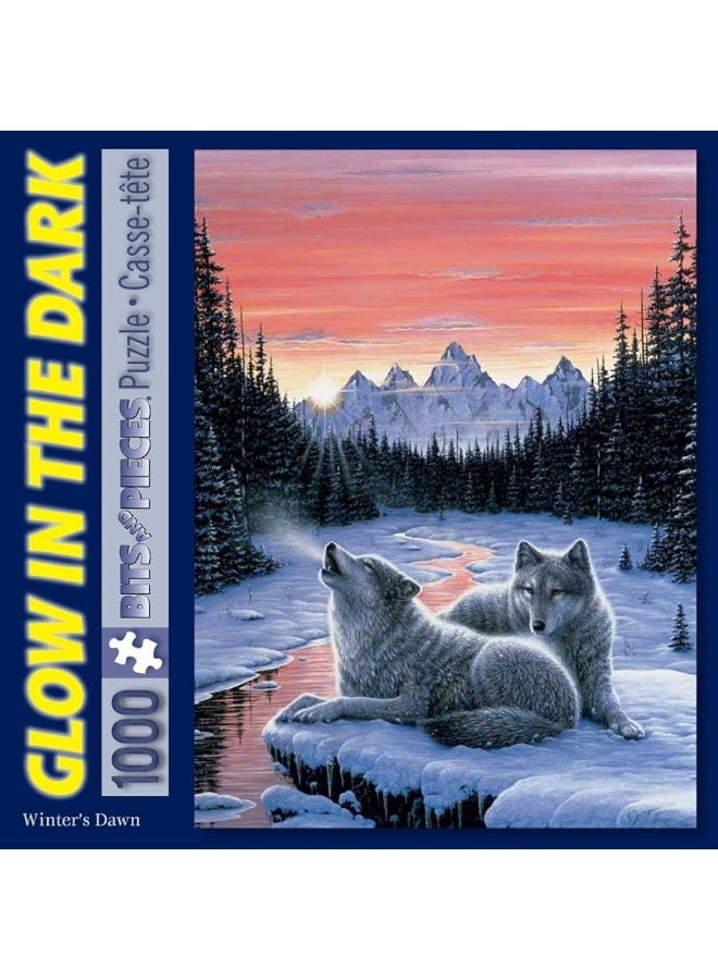 Bits and Pieces - 1000 Piece Glow in The Dark Puzzle - Winter's Dawn, Snowy Winter, Wolf - by Artist Jeff Tift - 1000 pc Jigsaw