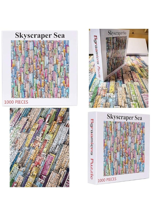 Bgraamiens Puzzle-Skyscraper Sea-1000 Pieces Sketch Colorful Buildings Jigsaw Puzzles