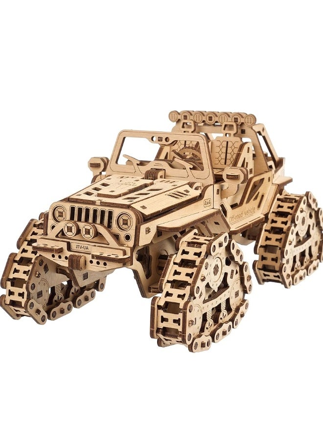 UGEARS Tracked Off-Road Vehicle - 4WD Model Vehicle Kits to Build - DIY 3D Car Model Puzzle with Spring Motor, 2 Driving Modes, Openable Hood with Engine - 3D Wooden Puzzles for Adults