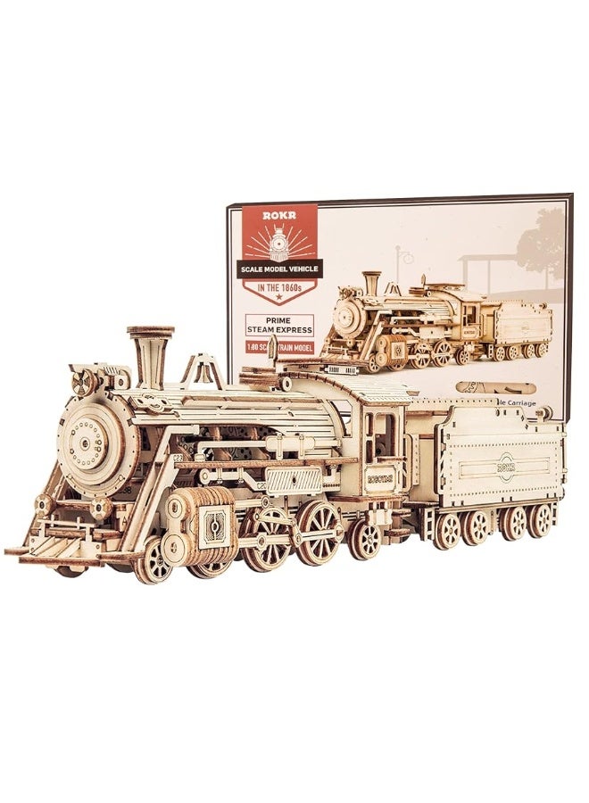 ROKR 3D Wooden Puzzle for Adults-Mechanical Train Model Kits-Brain Teaser Puzzles-Vehicle Building Kits-Unique Gift for Kids on Birthday/Christmas Day(1:80 Scale)(MC501-Prime Steam Express)