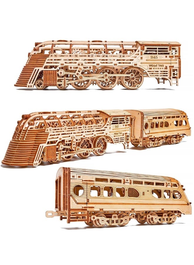 Wood Trick Atlantic Express Train 3D Wooden Puzzles for Adults and Kids to Build - 26.7x4 in - Rides up to 9 ft - Mechanical Locomotive Model Kit for Adults and Kids