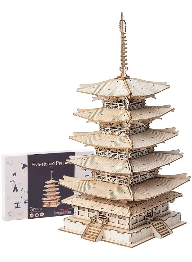 ROBOTIME 3D Puzzle Wooden Craft Kits for Adults DIY Model Building Kit Best Gift for Kids (Five-Storied Pagoda)