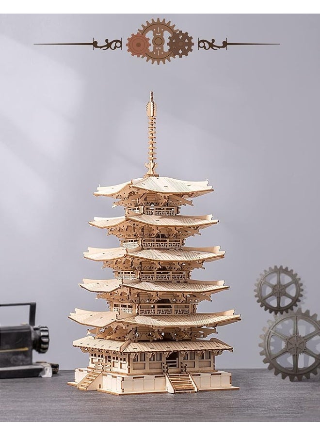 ROBOTIME 3D Puzzle Wooden Craft Kits for Adults DIY Model Building Kit Best Gift for Kids (Five-Storied Pagoda)