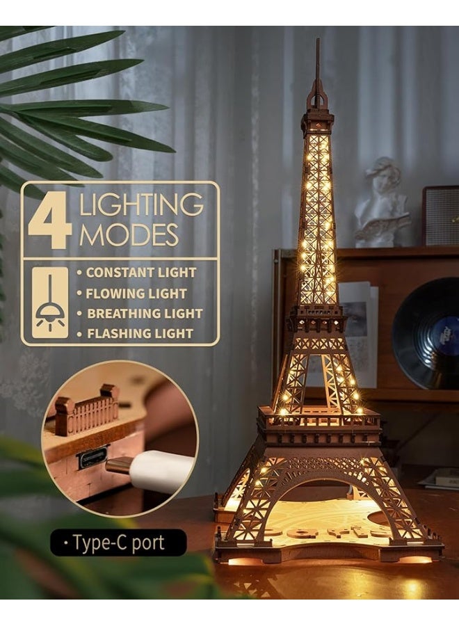 ROBOTIME 3D Puzzle for Adults DIY Model Building Kit with LED Light Wooden Eiffel Tower Craft Kit Architecture Toy Set Brain Teaser Gifts for Kids Teens