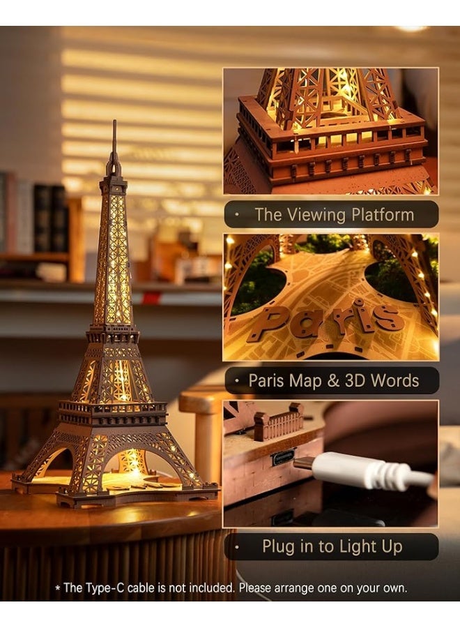 ROBOTIME 3D Puzzle for Adults DIY Model Building Kit with LED Light Wooden Eiffel Tower Craft Kit Architecture Toy Set Brain Teaser Gifts for Kids Teens