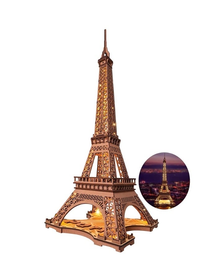 ROBOTIME 3D Puzzle for Adults DIY Model Building Kit with LED Light Wooden Eiffel Tower Craft Kit Architecture Toy Set Brain Teaser Gifts for Kids Teens