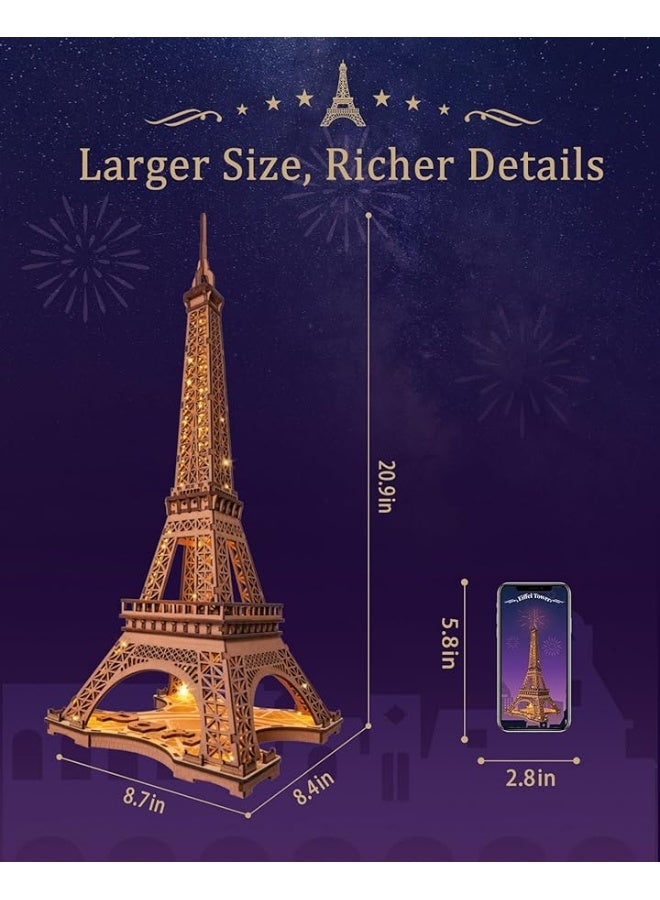 ROBOTIME 3D Puzzle for Adults DIY Model Building Kit with LED Light Wooden Eiffel Tower Craft Kit Architecture Toy Set Brain Teaser Gifts for Kids Teens