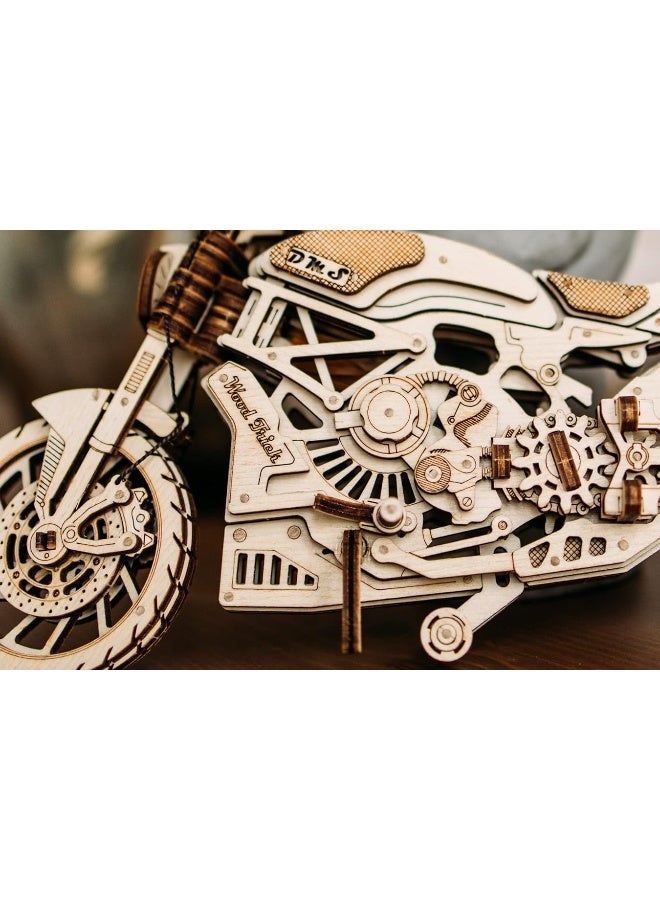 Wood Trick Motorcycle w/Rubber Band Motor Rides up to 16ft - Mechanical Model Kits for Adults and Kids - 10x4-3D Wooden Puzzles for Adults and Kids - Engineering DIY 3D Puzzle Wooden Models