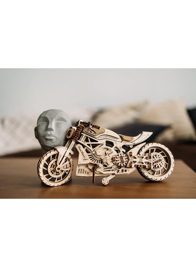 Wood Trick Motorcycle w/Rubber Band Motor Rides up to 16ft - Mechanical Model Kits for Adults and Kids - 10x4-3D Wooden Puzzles for Adults and Kids - Engineering DIY 3D Puzzle Wooden Models