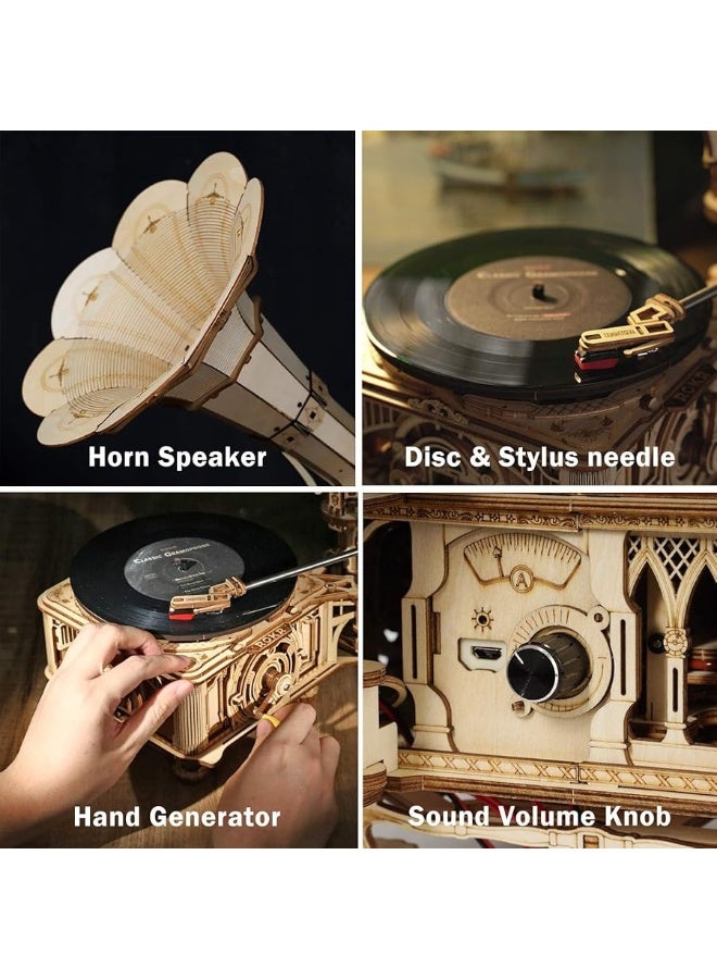 ROKR 3D Wooden Puzzles Gramophone for Adults  DIY Mechanical Model Kit 11 Replica Record Player Support 710 Vinyl Building Gift Hobbies for Adults Home Decor