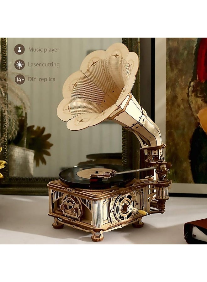 ROKR 3D Wooden Puzzles Gramophone for Adults  DIY Mechanical Model Kit 11 Replica Record Player Support 710 Vinyl Building Gift Hobbies for Adults Home Decor